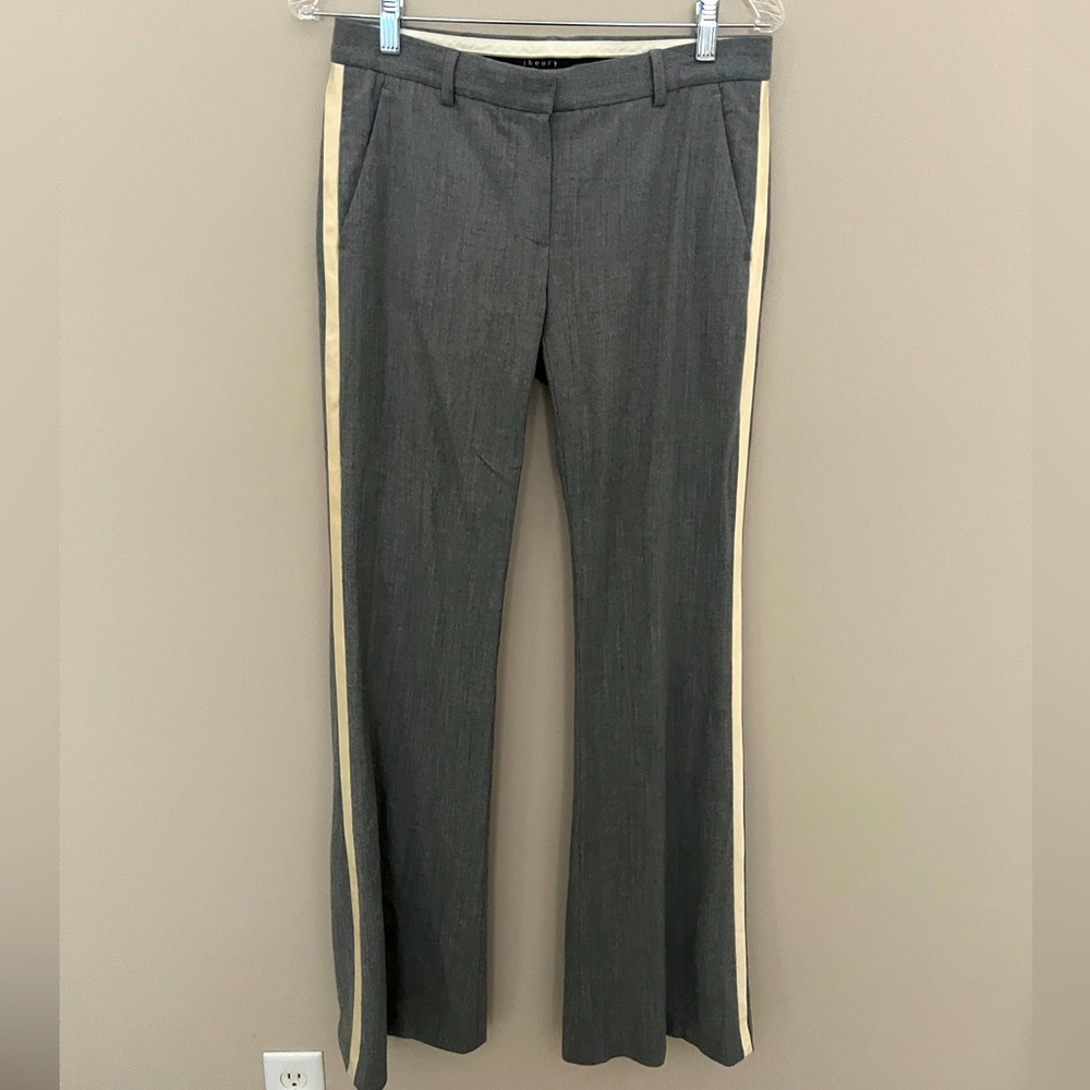 THEORY Slacks Pants Gray White Tuxedo Stripe Wool Flare Leg Women's Size 4